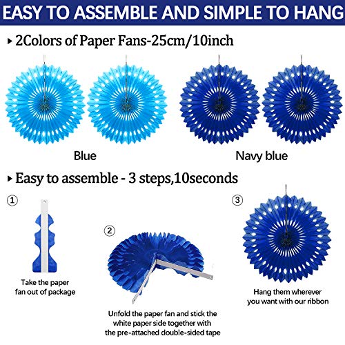 Navy Blue Party Decoration,23Pcs Hanging Paper Fans,Pom Poms Flowers,Garland String Polka Dot and Triangle Bunting Flag Packs for Boy Birthday, Bridal Shower,Baby Boy Showers,Wedding