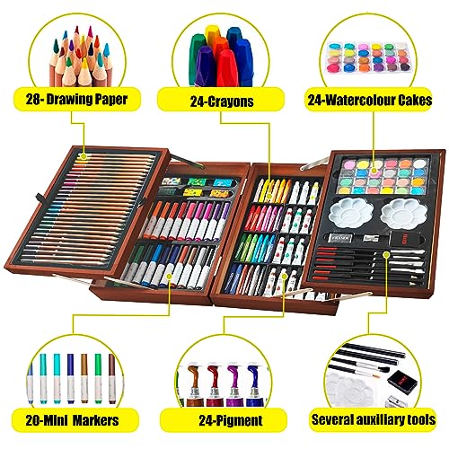 KINSPORY Art Gift for Kids, Art Supplies Case - 139 Piece Art Sets & Crafts Kit with Sketch Pads, Deluxe Wooden Box for Artist Beginners Girls Boys (Light Brown)