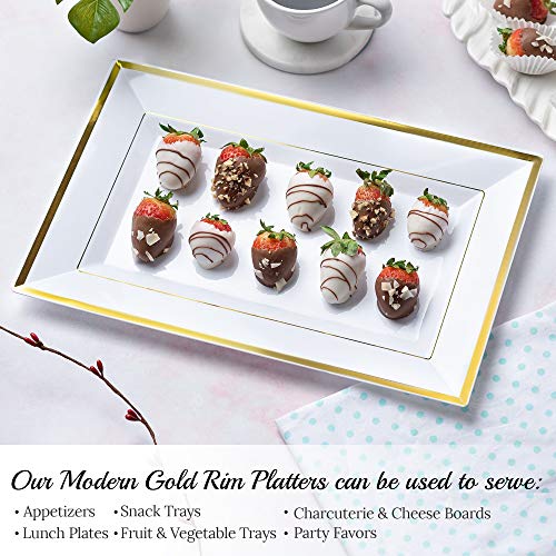 Mint Living - Elegant Plastic Serving Tray & Platter Set (6pk) - White & Gold Rim Disposable Serving Trays & Platters for Food - Weddings, Upscale Parties, Dessert Table, Cupcakes - 8 x 12.85 inches