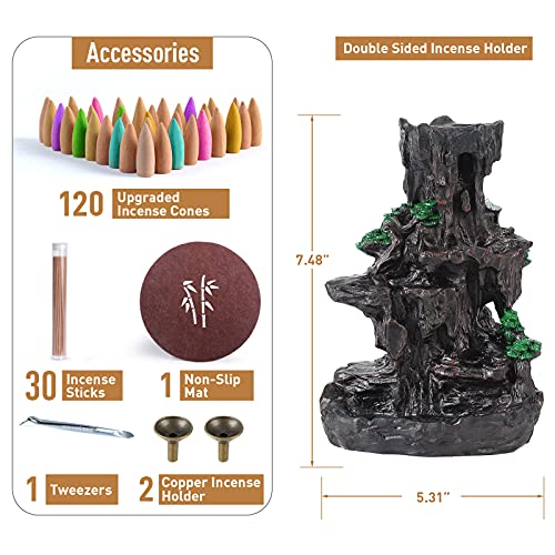 Ronlap Dual Sided Incense Burner, Resin River Tower Backflow Incense Holder, Cool Aromatherapy Incense Fountain Smoke Mountain Waterfall with 120 Upgraded Incense Cones+30 Incense Sticks