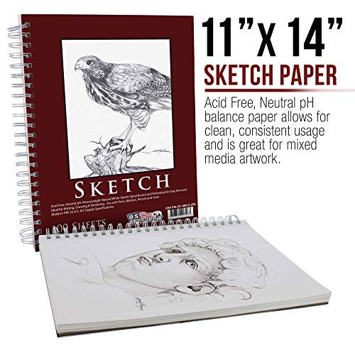 U.S. Art Supply 11" x 14" Sketch Book Pad, Pack of 2, 100 Sheets Each, 60lb (100gsm) - Spiral Bound Artist Sketching Drawing Paper Pad, Acid-Free - Graphite Colored Pencils, Charcoal - Adults Students