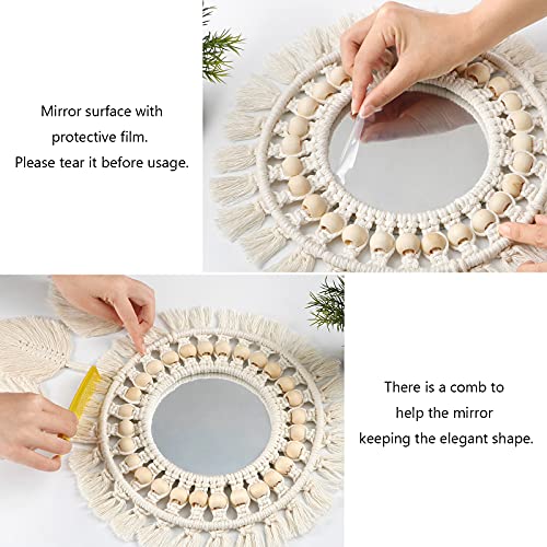 Dremisland Hanging Wall Mirror-Boho Macrame Fringe Round Decorative Mirror with Wood Beads Feather Pendant，Art Ornament for Apartment Home Bedroom Living Room