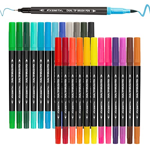 FIXSMITH Dual Brush Marker Pens - 24 Colored Art Markers, Fine Point & Brush Tip Water Based Markers, for Kids Adult Coloring Books Bullet Journals Planners, Note Taking Sketching Drawing Art