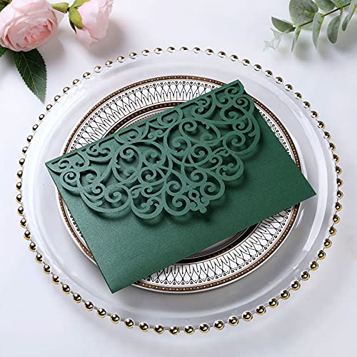 PONATIA 5.12 x 7.2 Emerald Green Invitation Cards, Trifold laser cut invitations Wedding Invitation Cards Pockets with Envelopes for Wedding Bridal Shower Engagement Birthday Sweet 16 (20PCS No Inner Sheet)