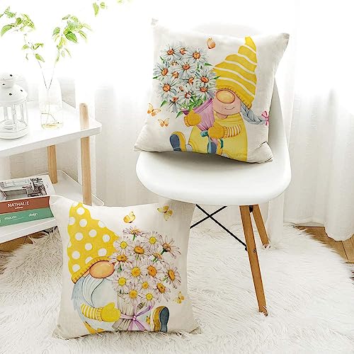 All Smiles Outdoor Yellow Throw Pillow Covers 18x18 Set of 4 Spring Summer Decorative Cushion Cases Home Décor Decorations for Patio Couch Chair Sofa,Daisy Floral Gnomes