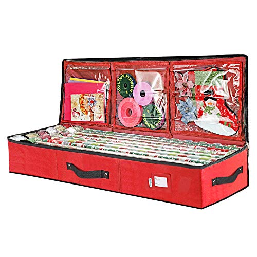 Primode Wrapping Paper Storage Container | Gift Wrap Organizer Under Bed | 41”x14”x6” | Fits 18-24 Rolls Up to 40” | Durable 600D Oxford Material | Box Holder with Pockets for Ribbon, Bows and Accessories (Red)