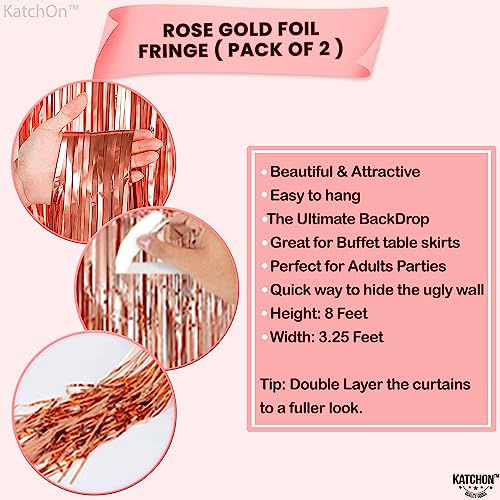 KatchOn, Rose Gold Fringe Curtain - XtraLarge 6.4x8 Feet, Pack of 2 | Rose Gold Backdrop, Bachelorette Party Decorations, Rose Gold Party Decorations | Rose Gold Streamers, Rose Gold Birthday Backdrop
