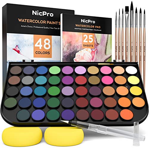 Nicpro Watercolor Paint Set, 48 Water Colors Kit with 8 Squirrel Brushes, Palette, Watercolor Pen, 25 Art Pad Paper, 2 Art Sponges, Non-toxic Painting Supplies for Kids, Adults, Beginners, Artists