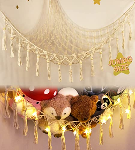 Stuffed Animal Toy Storage Hammock with LED Light-Macrame Jumbo Doll Room Corner Organizer Mesh Decoration-Hanging Storage Nets Kids Bedroom, (X-Large Size)