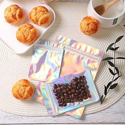 YHJZ 100 Pcs Holographic Bags, 6 x 8" Resealable Smell Proof Bags Resealable Bags for Packaging Ziplock Pouches Bags for Lip Gloss Packaging Mylar Bags for Party Favor Food Storage (6x8 Inch)
