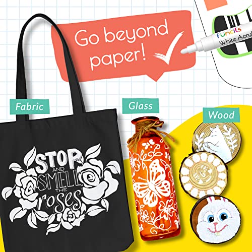 Funcils 5 Acrylic White Paint Pens - Fine & Jumbo Size Ink Pens (1mm, 3mm, 6mm, 10mm, 15mm) - Permanent White Marker Ink for Rock Painting, Fabric, Tire, Metal, Wood, Canvas, Glass, Plastic, Ceramic