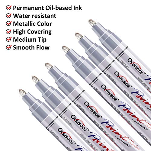 Silver Paint Markers Pens - Single color 6 Pack Permanent Oil Based Metallic Paint Pen, Medium Tip, Quick Dry and Waterproof Marker for Rock, Wood, Fabric, Plastic, Canvas, Glass, Mugs, Canvas