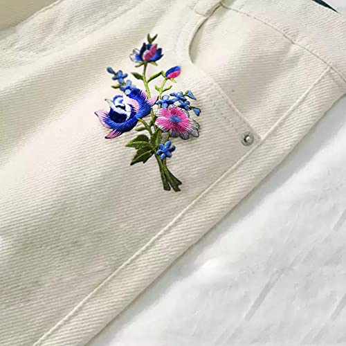 ReNext Pink blue roses pair flowers floral bouquet boho embroidered appliques iron-ons patches new