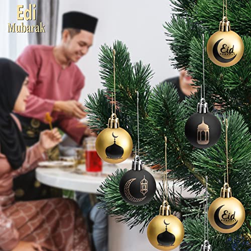 24 PCS Ramadan Ornament Ball, 1.57" Black Gold Eid Mubarak Hanging Balls, Ramadan Mubarak Ornaments for Islamic Muslim Tree Party Decor