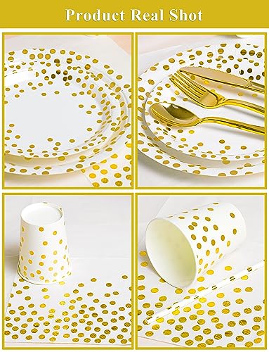 Nkaiso 141 Pieces White Gold Party Supplies, Party Dinnerware Sets Include Paper Plates Napkins Cups Silverware, for Wedding Bridal Shower Engagement Birthday Parties Decoration -20 Serves