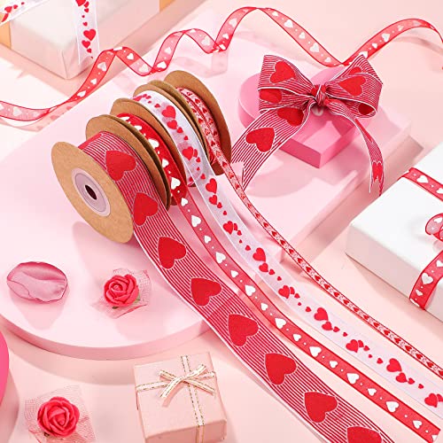4 Rolls Valentine's Day Wired Ribbon Heart Wired Edge Ribbon Printed Heart Ribbon Polyester Wrapping Ribbon for DIY Craft Wrapping Wedding Valentine's Day Decoration, 11 Yards, 5.5 Yards