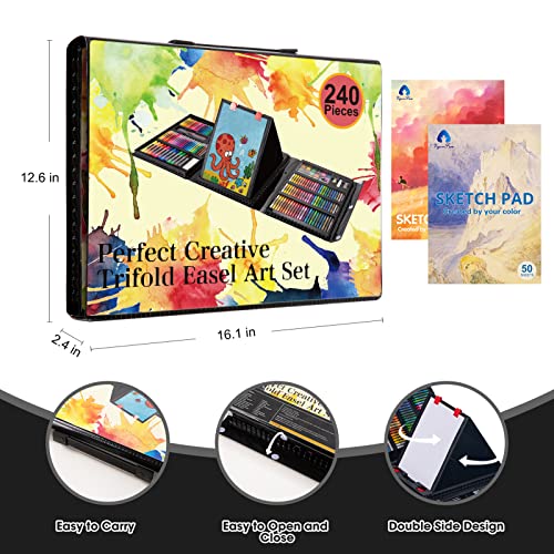 Art Supplies, 240-Piece Art Set Crafts Drawing Kits with Double Sided Trifold Easel, Includes Sketch Pads, Oil Pastels, Crayons, Colored Pencils, Gifts for Girls Boys Teen Ages 4-6-8-9-12 (Black)