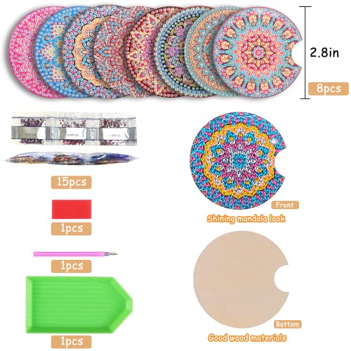 8 Pcs Diamond Art for Car Coasters, BSRESIN 2.8 Inches Diamond Painting Coasters, Mandala Diamond Art Coasters Small Diamond Painting Kits Supplies, DIY Crafts for Adults
