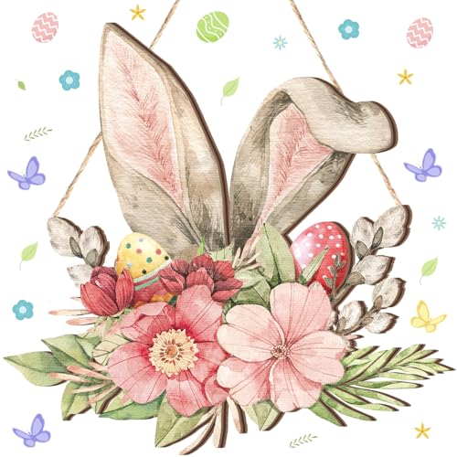 Juexica Easter Door Sign Bunny Ear Hanging Door Decor Easter Flower Wooden Sign Wall Hanging Decorations for Front Door Wood Porch Decor Wall Pediments