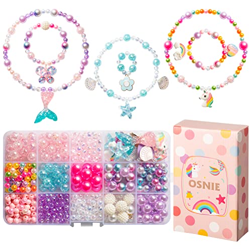 OSNIE Kids DIY Bead Jewelry Making Kit with 400+ Beads & Charms for Creative Bracelets Necklaces Rings, Children Mermaid Starfish Shell Princess Necklace Bracelets Making Art Craft Bead Kit for Girls