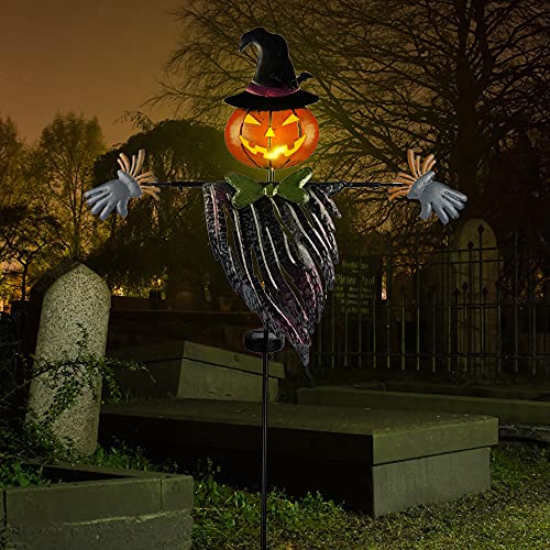 Lulu Home Halloween Yard Stake, 46.4" Solar Lighted Metal Pumpkin Head Scarecrow Stake, Outdoor Decoration Garden Lawn Driveway Yard Sign for Halloween