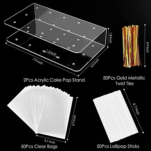 Zezzxu 2Pack Upgraded Acrylic Cake Pop Display Stand 15 Hole Clear Acrylic Lollipop Holder with 50Pcs Lollipop Sticks, 50Pcs Packaging Bags and 50Pcs Gold Metallic Twist Ties