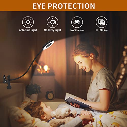 iZELL Desk Lamp, [3 Color Modes & 10 Brightness] LED Reading Light with Clamp, Flexible Gooseneck Book Light for Kids Reading Book in Bed at Night Clip on Table, Headboard, Dorm - 15.8‘’ Black