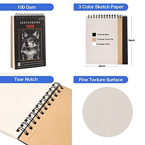Prina 50 Pack Drawing Set Sketch Kit, Pro Art Sketching Supplies with 3-Color Sketchbook, Graphite, and Charcoal Pencils for Artists Adults Teens Beginner Kid, Ideal for Shading, Blending