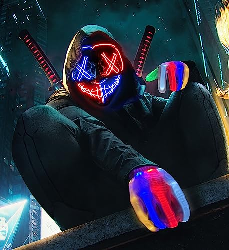 Halloween Mask Skeleton Gloves Set, Halloween Costumes Gifts for Men Women Boys Girls, 3 Modes Light Up Scary LED Mask with LED Glow Gloves, Halloween Decorations Scary Scream Anonymous Mask
