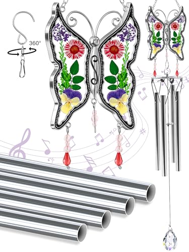 KY&BOSAM Wind Chimes Butterfly Wind Chimes for Outside Real Flower Outdoor Windchimes Gifts for mom Grandma Birthday Nana Gifts Garden Balcony Home Décor Wind Chimes Handmade Memorial Wind Chimes