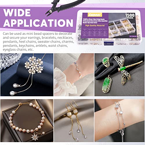 Swpeet 1501Pcs 6 Colors 4 Styles Brass Tube Crimp Beads with Bead Crimping Pliers Kit, Including Brass Tube Crimp Beads & Crimp Beads Knot Covers & Wire Guardians & Iron Bead Tips Knot Covers