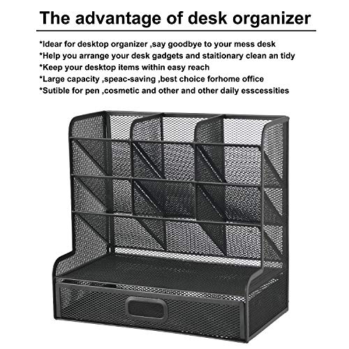 Marbrasse Mesh Desk/ Desktop Stationary Organizer, Multi-Functional Pen Holder, Storage Rack for School Home Office Art Supplies (Black Mesh Pen Holder with Drawer)