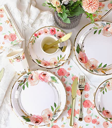 Floral Paper Plates and Napkins Party Supplies - Serves 16 - Flower Plates Floral Party Cups Knifes Forks Floral Baby Shower Decorations for Girl Pink and Gold Bridal Shower Tea Party Birthday