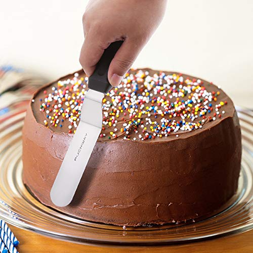 PUCKWAY Angled Icing Spatula, Stainless Steel Offset Spatula, Cake Spatula Set of 2 Black 6, 8 inch Blade
