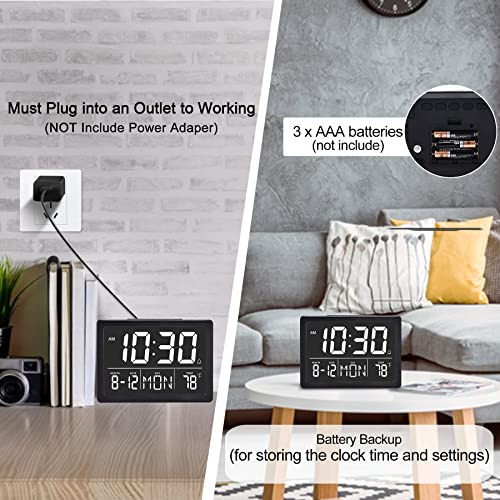 Amgico Digital Alarm Clock with Snooze, Small Clock/Table Clock, 6.3" LED Digital Calendar, 12/24H, Adjustable Brightness/Volume, Desk Clock for Bedroom, Living Room, Office - Black
