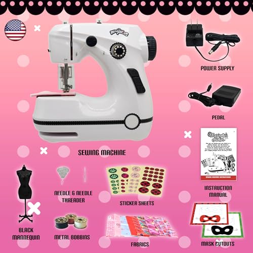 Miraculous Ladybug - Marinette's Mini Sewing Machine For Beginners And Kids, Dual Speed Portable Machine with Miraculous Fabric, Black Mannequin, Superhero Mask Cutouts, And Foot Pedal (Wyncor)