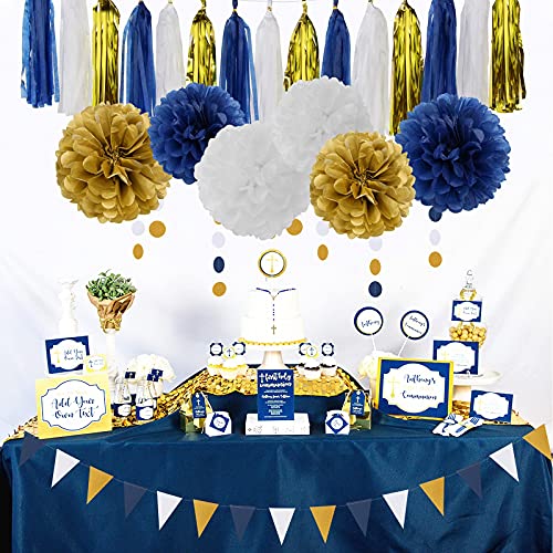Navy Blue White Gold Party Decoration 23pcs Kits-Paper Flowers,Banner Flags,Circle Banner,Tassel Garland Birthday Bachelorette Boy Baby Shower Gender Reveal Graduation Decorations Lasting Surprise