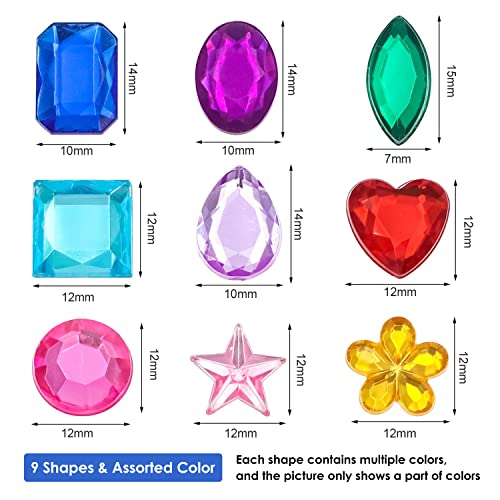 YIQIHAI 360pcs Craft Gems Jewels Acrylic Flatback Rhinestones Gemstone for Halloween Pirate Party Table Decorations, 10-15mm，9 Shapes with Tweezers and Storage Box