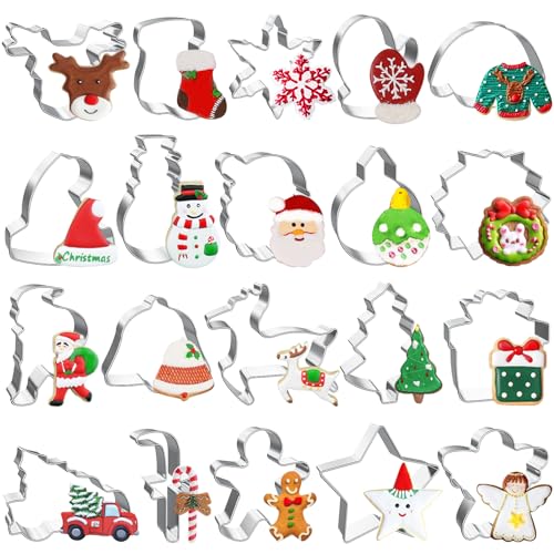 20 Pcs Christmas Cookie Cutters, Hibery Holiday Cookie Cutters Christmas, Reindeer, Snowflake, Christmas Tree, Gingerbread Man, Santa, Bell & More Cookie Cutters Christmas Shapes