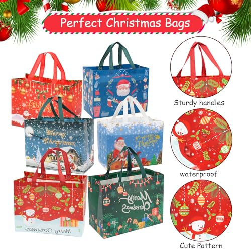 Christmas Gift Bags,12 PCS Large Reusable Christmas Tote Bags with Handles, Christmas Treat Bags, Multifunctional Non-Woven Christmas Bags for Gifts Wrapping, Shopping, Xmas, Party Favor Bags, 12.8" x 9.8" x 6.7"