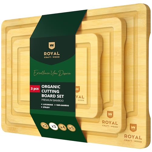 ROYAL CRAFT WOOD Cutting Boards for Kitchen - Bamboo Cutting Board Set of 3, Cutting Boards with Juice Grooves, Serving Board Set, Thick Chopping Board for Meat, Veggies, Easy Grip Handle