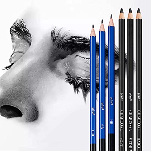 Prina 50 Pack Drawing Set Sketch Kit, Pro Art Sketching Supplies with 3-Color Sketchbook, Graphite, and Charcoal Pencils for Artists Adults Teens Beginner Kid, Ideal for Shading, Blending