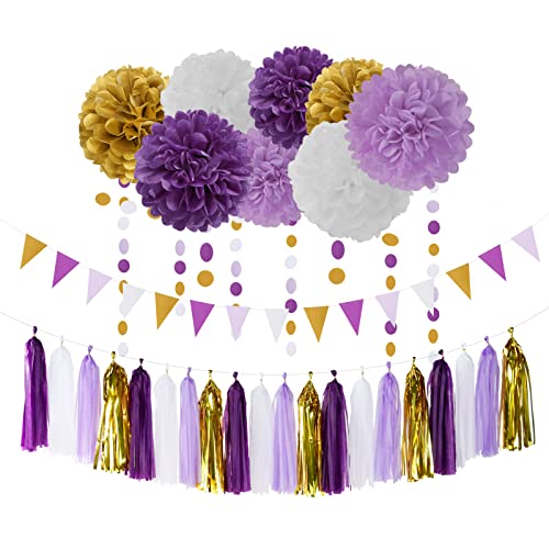 Purple Gold Valentines-Day Graduation Decorations - 30pcs Kits Lavender White Paper Flowers,Banner Flags,Tassel Streamer Garland Engagement Girl Baby Bridal Shower Party Decoration Lasting Surprise