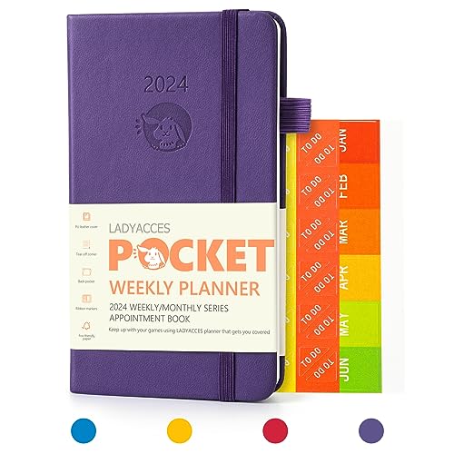 2024 Pocket Calendar by LADYACCES 2024 Weekly and Monthly Planner for Purse, Small Agenda 2024 with Vegan Leather Hard Cover, Elastic Closure, Inner Pocket, Pen Hold, Book Markers - 3.5" x 6" - Purple