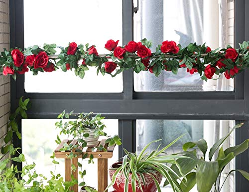 SWSTINLING 2 Pack (16FT) Artificial Rose Vine Flowers Plants Fake Flower Vine for Wedding Home Party Garden Craft Art Decor Red