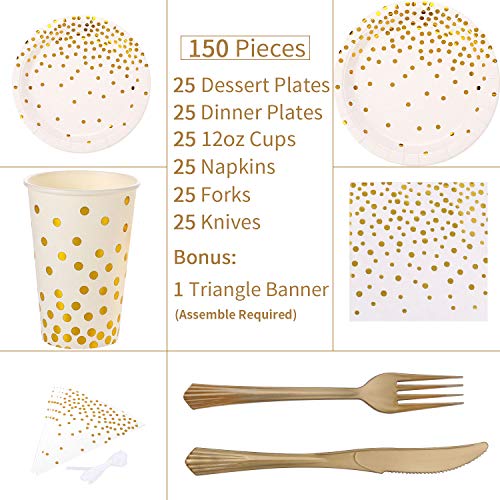 DUOCUTE White and Gold Party Supplies 150PCS Golden Dot Disposable Party Dinnerware Includes Paper Plates, Napkins, Knives, Forks, 12oz Cups, Banner, for Bridal Shower, Engagement, Wedding, Serves 25