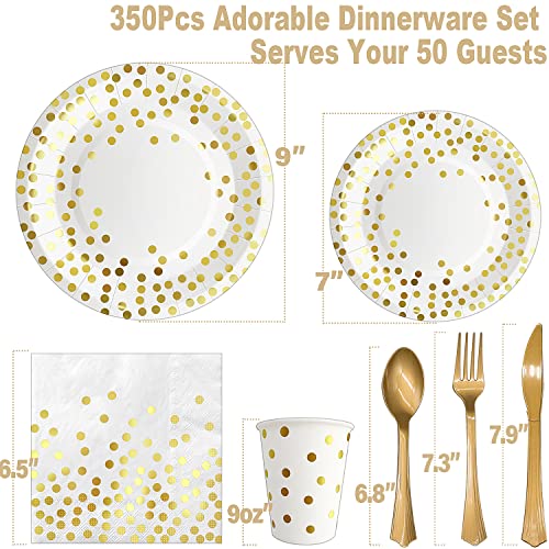 AIRE 350PCS White and Gold Plastic Dinnerware Set, Includes 9" Dinner Plates, 7" Dessert Plates, 9oz Cups, Napkins, Forks, Knives, Spoons