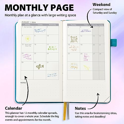 2024 Pocket Calendar by LADYACCES 2024 Weekly and Monthly Planner for Purse, Small Agenda 2024 with Vegan Leather Hard Cover, Elastic Closure, Inner Pocket, Pen Hold, Book Markers - 3.5" x 6" - Purple