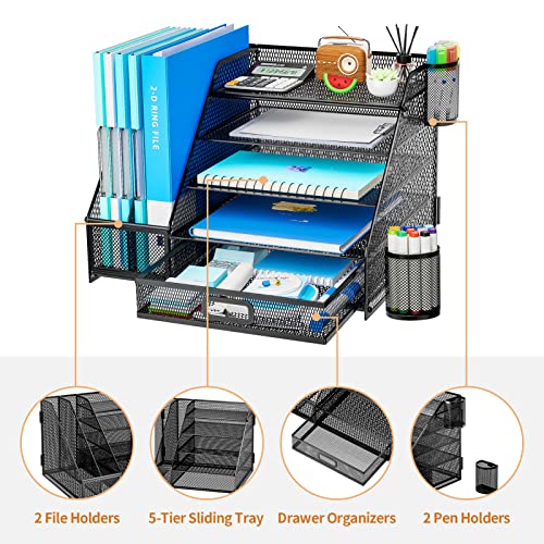 Marbrasse Desk Organizer with File Holder, 5-Tier Paper Letter Tray Organizer with Drawer and 2 Pen Holder, Mesh Desk Organizers and Accessories, Desktop Organizer and Storage for Office Supplies