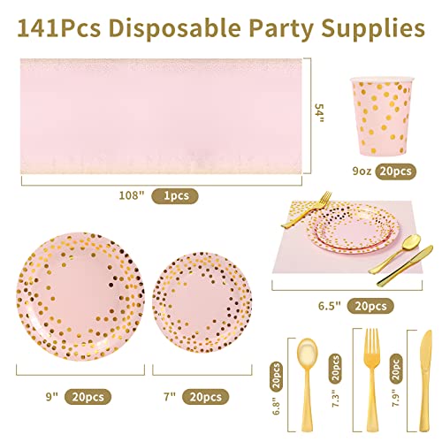 Dn Dennov 168PCS Pink and Gold-Pastel Party Supplies, Severs 24 Disposable Party Dinnerware Include Paper Party Plates, Cups, Napkins, Straw, Wooden Fork Spoon for Wedding,Christmas (Pink and Gold)